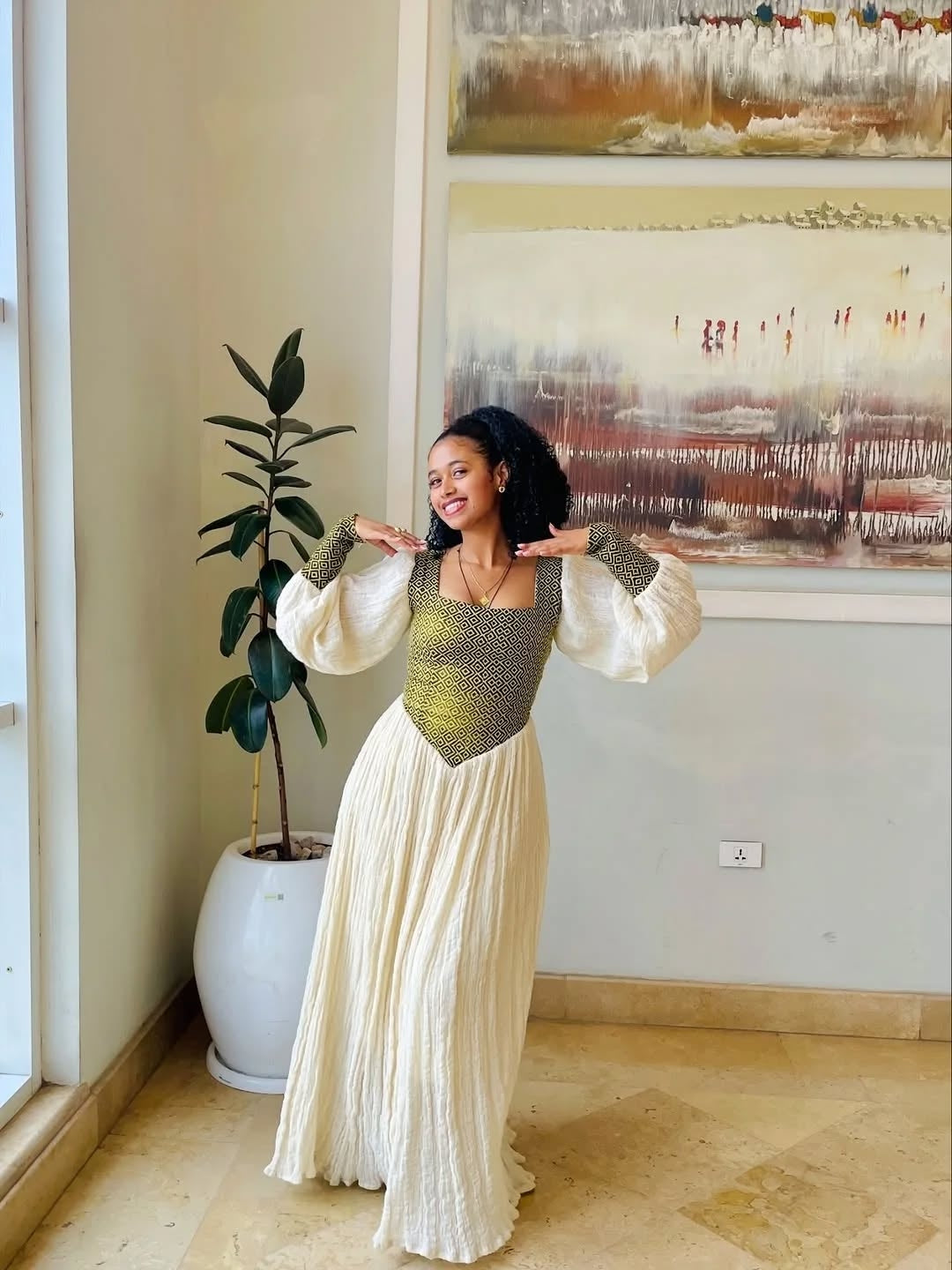 Yellow Ethiopian Traditional Dress – Elegant Habesha Zuria for Weddings, Cultural Ceremonies, and Family Gatherings