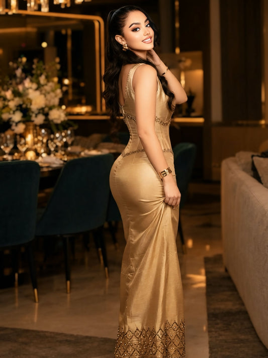 A woman posing in a luxurious indoor setting, wearing a floor-length, champagne gold satin Ethiopia Clothes with intricate lace detailing on the bodice and hem.