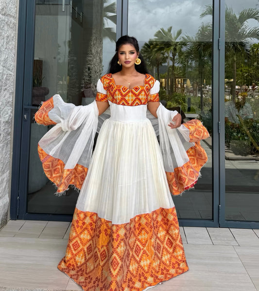 Women's Orange Handwoven Cotton Eritrean Zuria for Genna | Traditional Ethiopian Dress with Tibeb Border