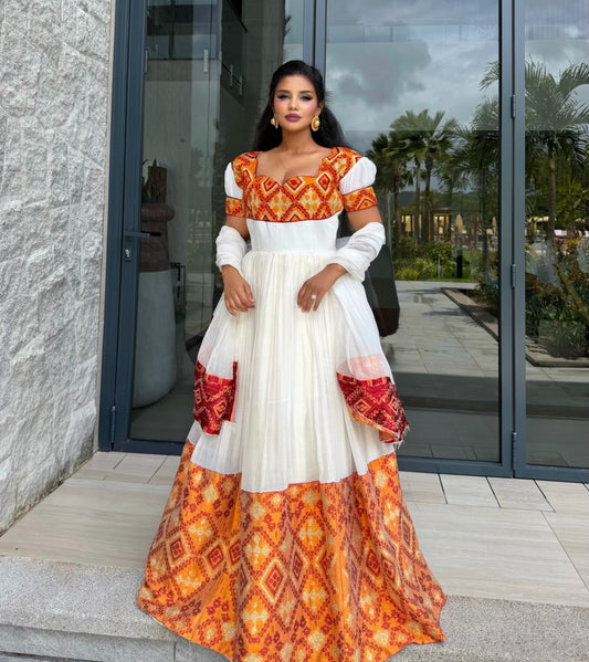 Women's Orange Handwoven Cotton Eritrean Zuria for Genna | Traditional Ethiopian Dress with Tibeb Border