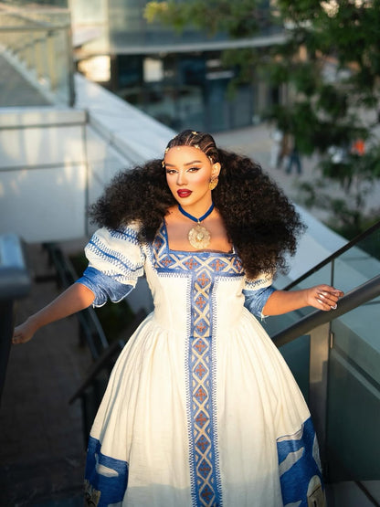 Blue Habesha Kemis – Handwoven Ethiopian Dress for Cultural Events