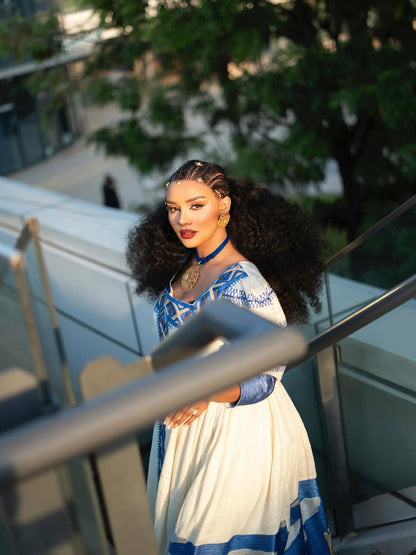 Blue Habesha Kemis – Handwoven Ethiopian Dress for Cultural Events