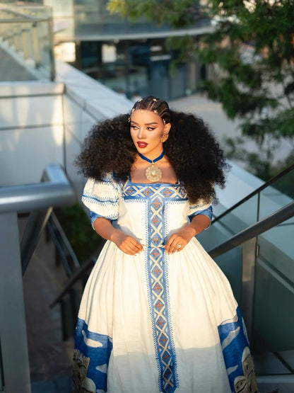 Blue Habesha Kemis – Handwoven Ethiopian Dress for Cultural Events