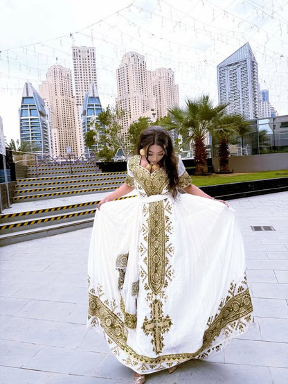 Green Cotton Habesha Dress – Traditional Ethiopian Kemis Handwoven