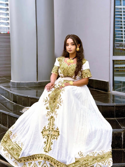 Green Cotton Habesha Dress – Traditional Ethiopian Kemis Handwoven