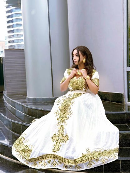 Green Cotton Habesha Dress – Traditional Ethiopian Kemis Handwoven
