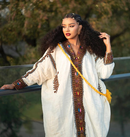 Gold Gonder Menen Ethiopian Dress – Elegant Habesha Libs with Traditional Tibeb