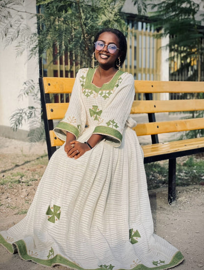 Green Habesha Zuria Cotton Tibeb Embroidery for Women