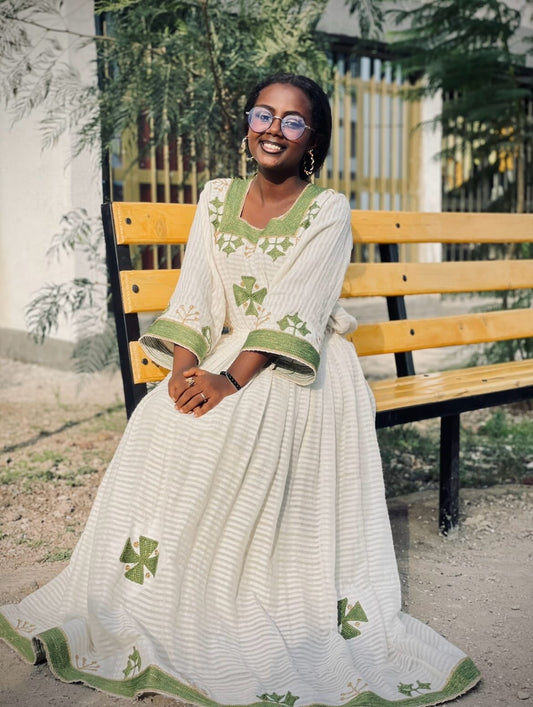 Green Habesha Zuria Cotton Tibeb Embroidery for Women