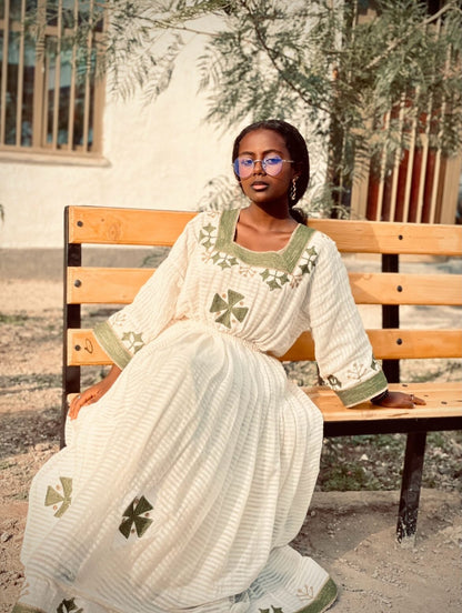 Green Habesha Zuria Cotton Tibeb Embroidery for Women