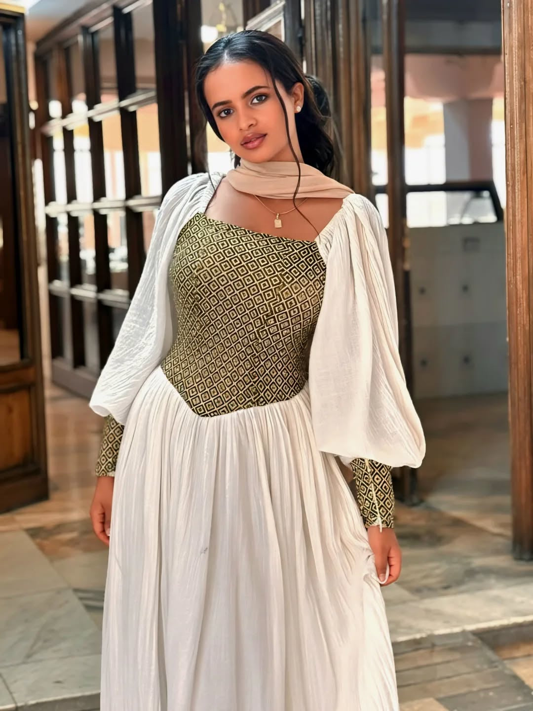 Soft Gold Ethiopian Dress – Bright, Cheerful Look with Thin Tibeb