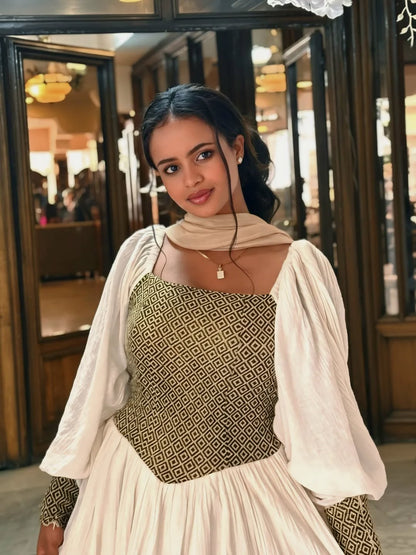 Soft Gold Ethiopian Dress – Bright, Cheerful Look with Thin Tibeb