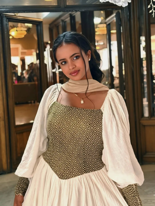 Soft Gold Ethiopian Dress – Bright, Cheerful Look with Thin Tibeb