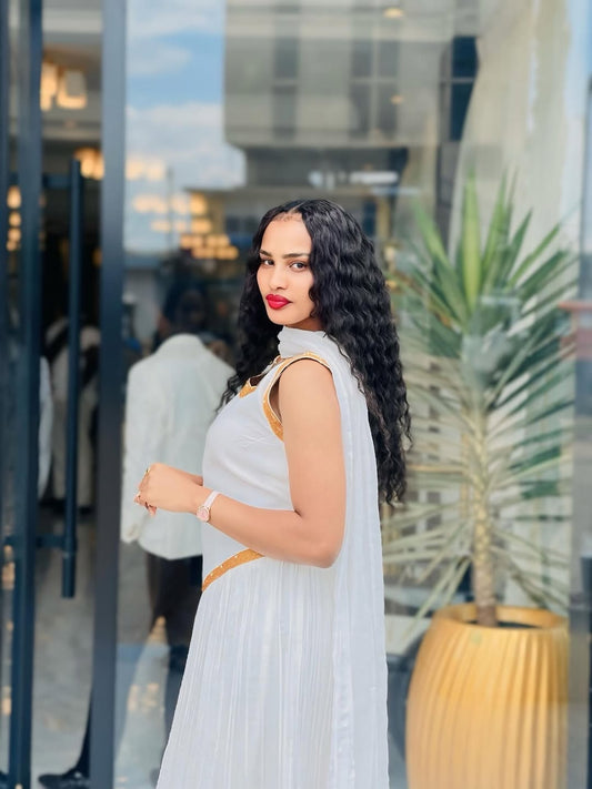 White Habesha Dress with Gold Tilf Border & Netela – Ethiopian Traditional Dress for Weddings