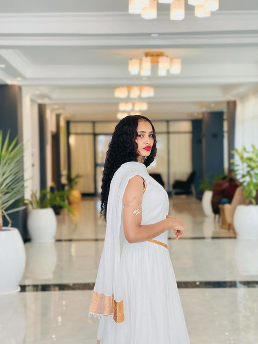 White Habesha Dress with Gold Tilf Border & Netela – Ethiopian Traditional Dress for Weddings