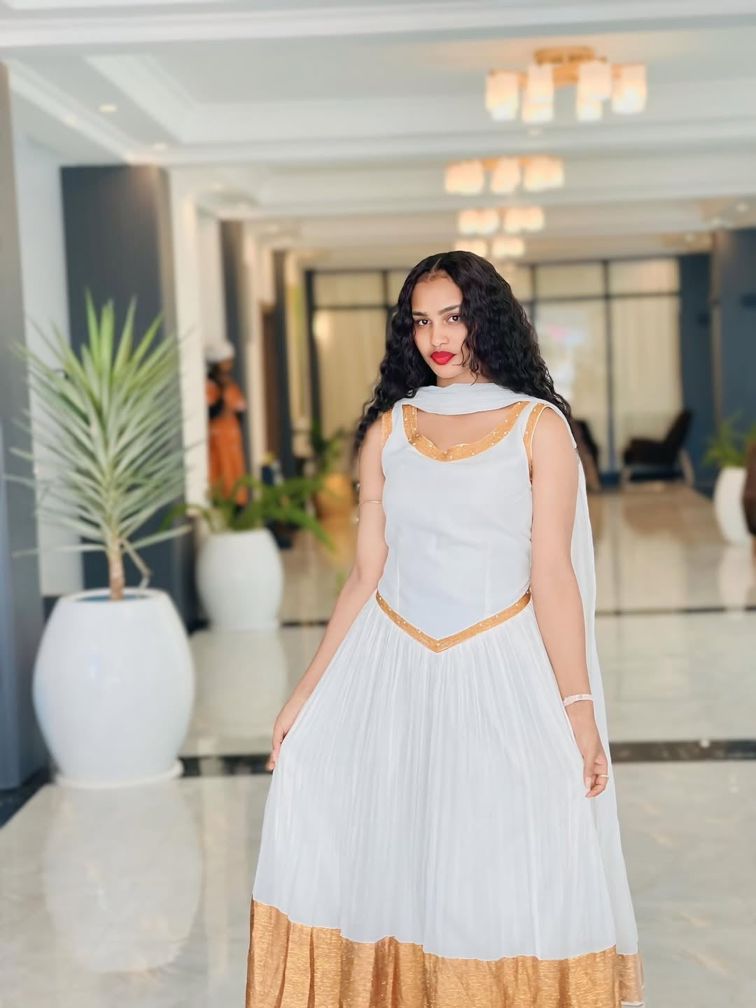 White Habesha Dress with Gold Tilf Border & Netela – Ethiopian Traditional Dress for Weddings