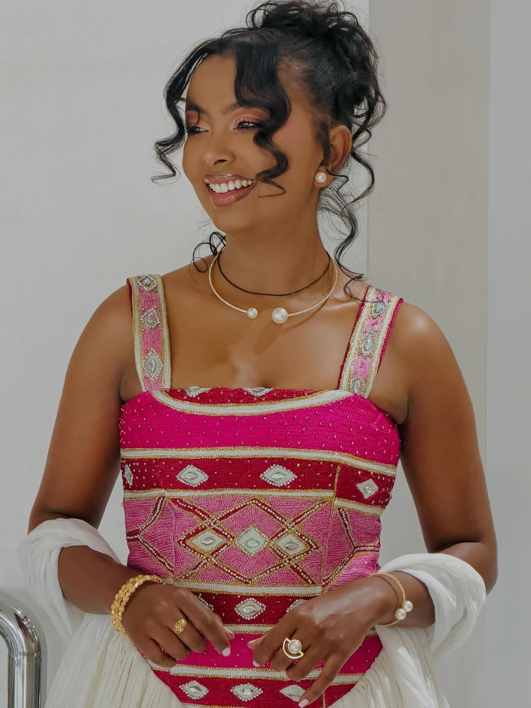 Traditional Habesha Dress with Pink Geometric Embroidery & Matching Netela for Weddings & Cultural Occasions