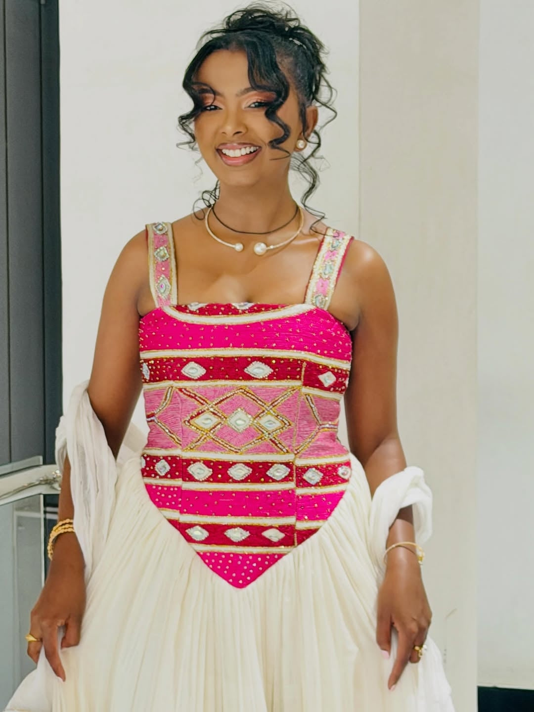 Traditional Habesha Dress with Pink Geometric Embroidery & Matching Netela for Weddings & Cultural Occasions