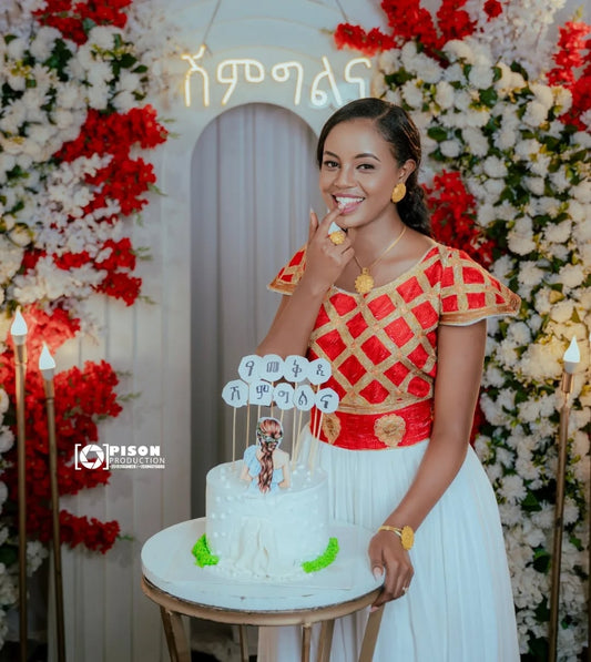 Red Ethiopian Wedding Dress – Traditional Habesha Bridal Outfit for Ceremonies and Special Celebrations