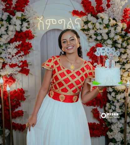 Red Ethiopian Wedding Dress – Traditional Habesha Bridal Outfit for Ceremonies and Special Celebrations