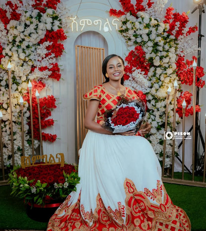 Red Ethiopian Wedding Dress – Traditional Habesha Bridal Outfit for Ceremonies and Special Celebrations