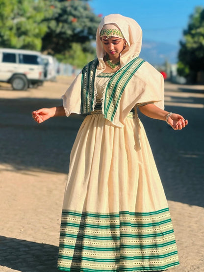 Green Habesha Dress: Modern Ethiopian Dress with Handmade Tibeb Embroidery for Weddings and Cultural Events