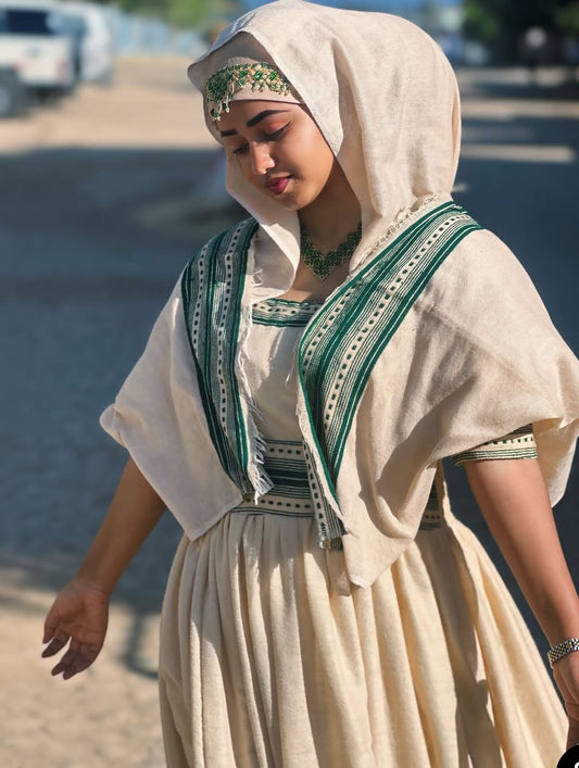 Green Habesha Dress: Modern Ethiopian Dress with Handmade Tibeb Embroidery for Weddings and Cultural Events