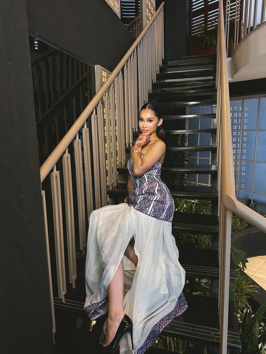 Modern Strapless Habesha Kemis – Two-Piece Ethiopian Gala Dress by Tesfaye Mehari