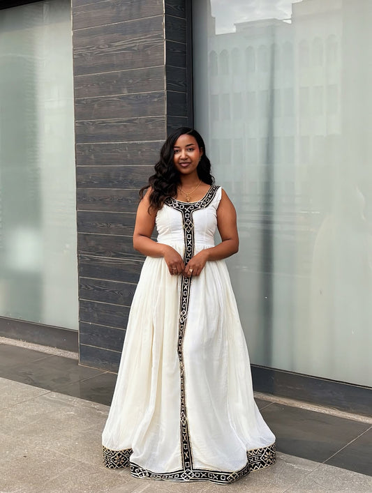 White Sleeveless Ethiopian Kemis – Light Habesha Dress for Warm Days and Cultural Wear