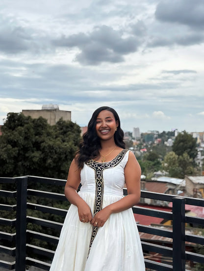 White Sleeveless Ethiopian Kemis – Light Habesha Dress for Warm Days and Cultural Wear