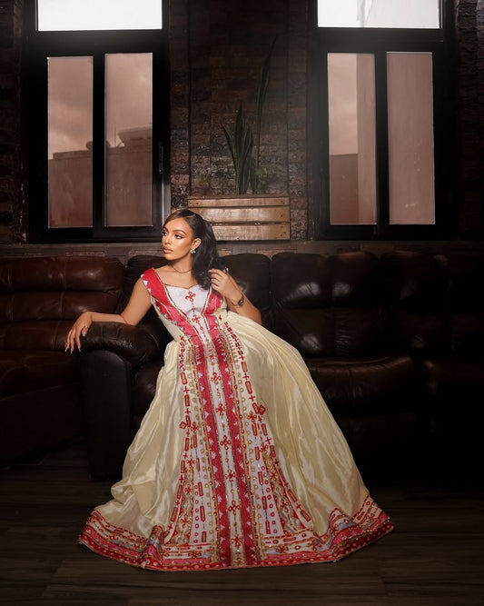 Red Habesha Wedding Dress – Traditional Ethiopian Bridal Outfit for Ceremonies and Special Celebrations