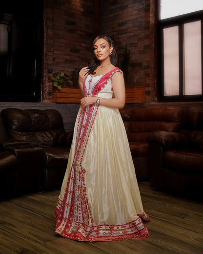 Red Habesha Wedding Dress – Traditional Ethiopian Bridal Outfit for Ceremonies and Special Celebrations