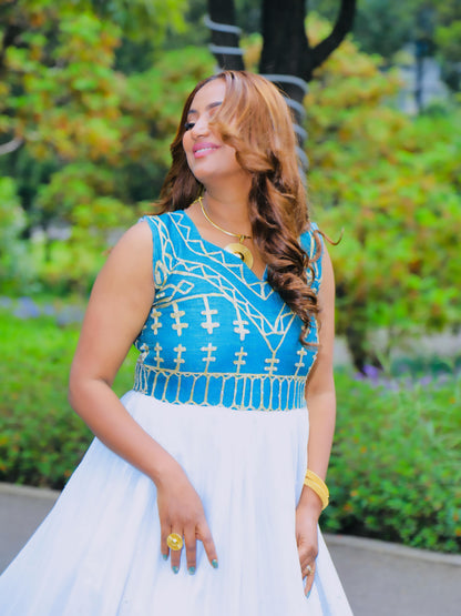 Sky Blue cotton Habesha dress with gold tilf embroidery for wedding celebrations