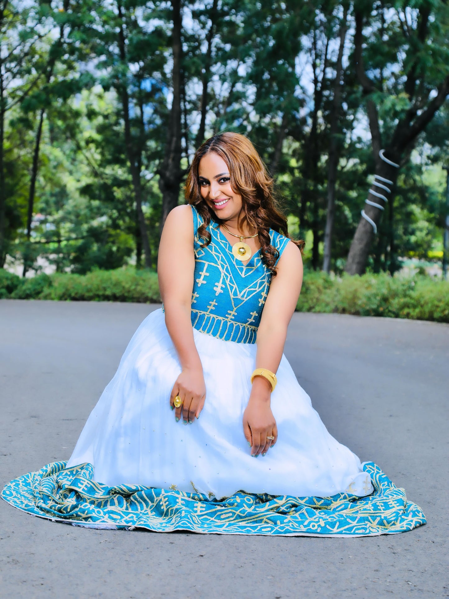 Sky Blue cotton Habesha dress with gold tilf embroidery for wedding celebrations