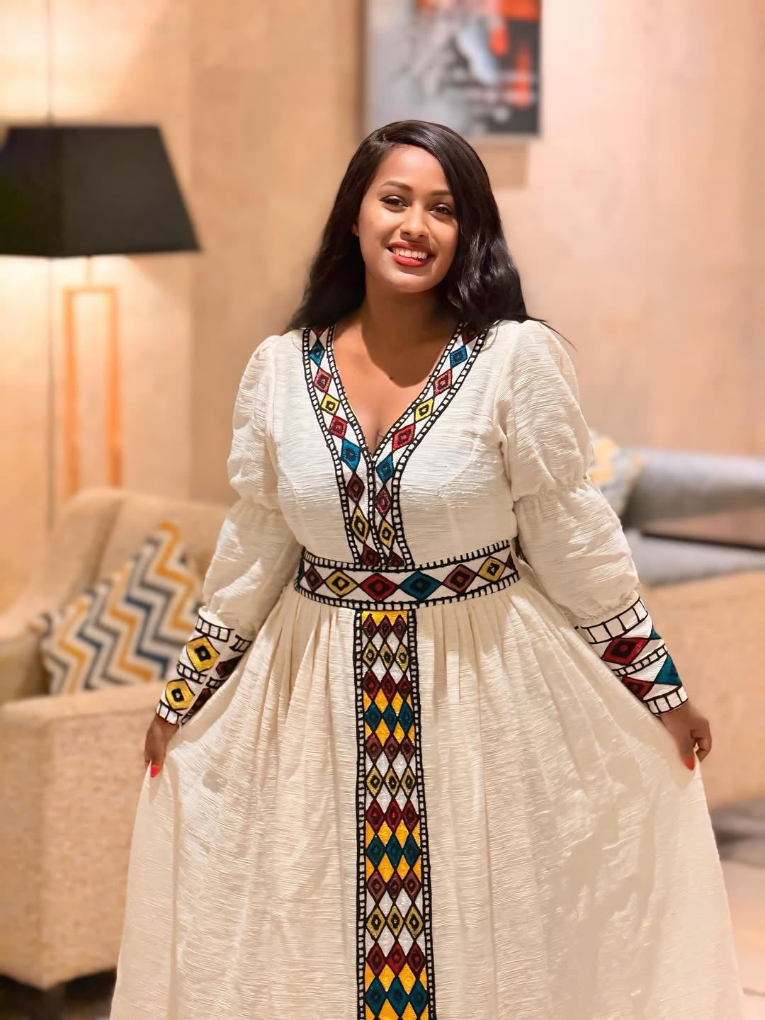 Modern Menen Habesha Dress – Bright A-Line with Gold Tibeb Accents
