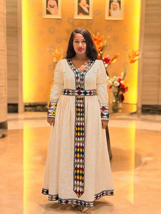 Modern Menen Habesha Dress – Bright A-Line with Gold Tibeb Accents