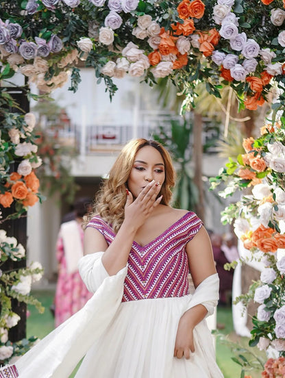 The Empress modern Habeshas Kemis: Handwoven Ethiopian Wedding dress in Purple by Tsehaye Mehari