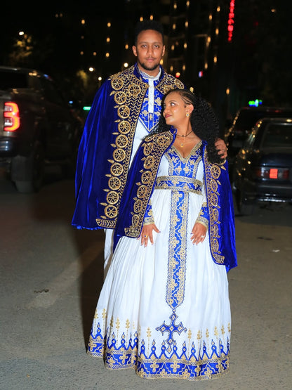 Blue Habesha Couple Matching Set – Wedding Traditional Outfit with Kaba for Groom & Bride