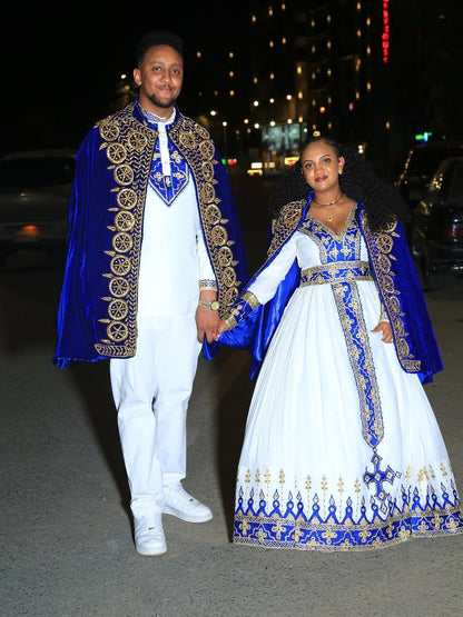 Blue Habesha Couple Matching Set – Wedding Traditional Outfit with Kaba for Groom & Bride