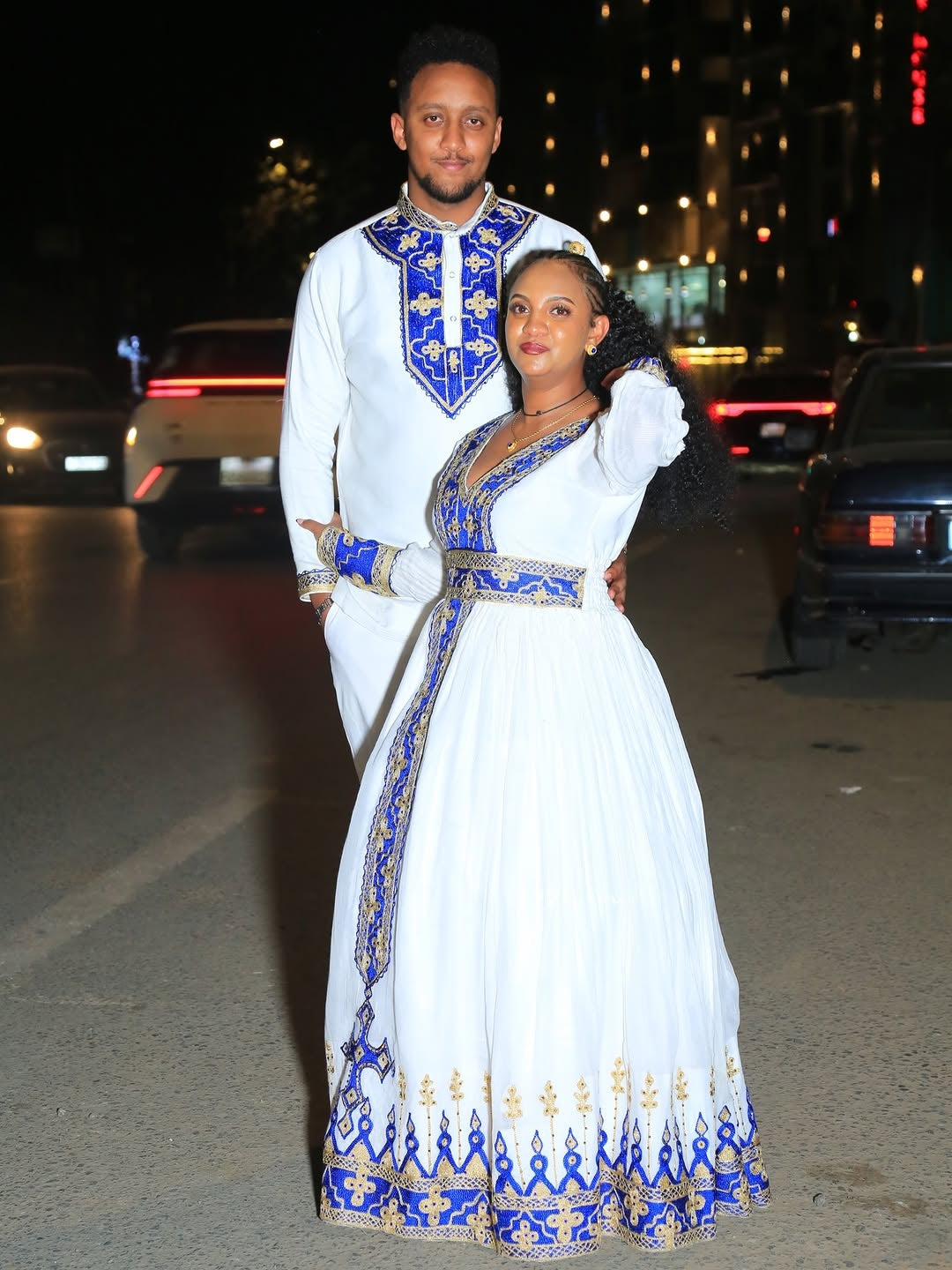 Blue Habesha Couple Matching Set – Wedding Traditional Outfit with Kaba for Groom & Bride