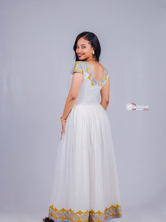 Gold Habesha Kemis Natural Cotton Traditional Weave Tibeb for Women