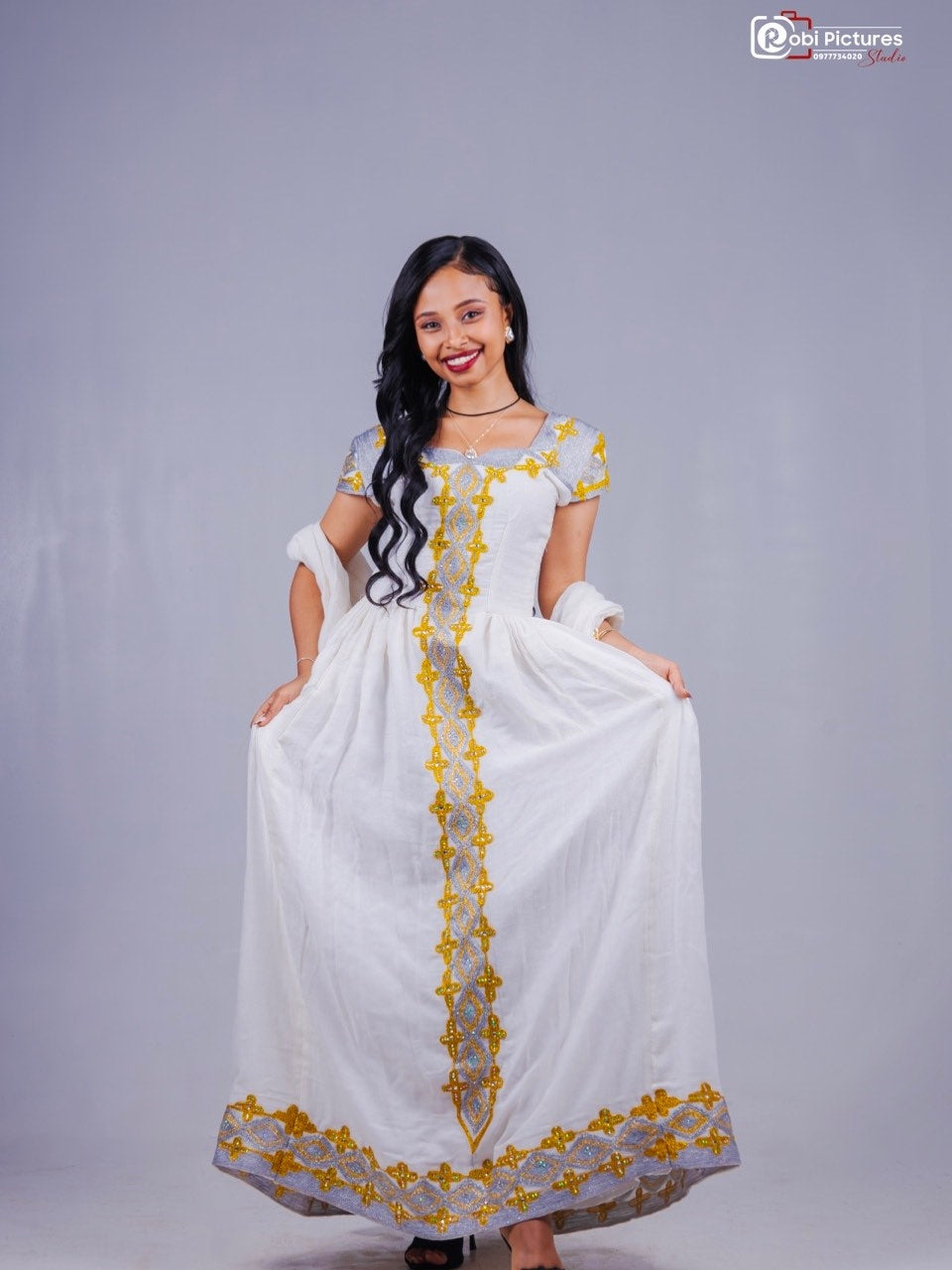 Gold Habesha Kemis Natural Cotton Traditional Weave Tibeb for Women