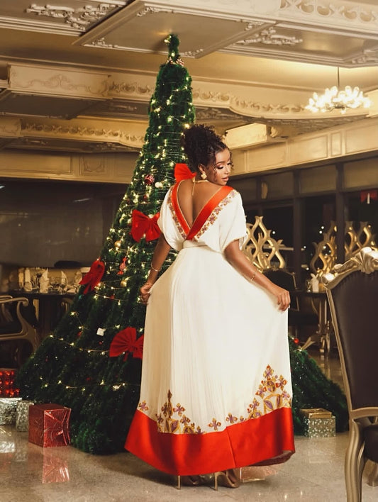 Red Regent Handwoven habesha Dress with Gold Embroidery – Habesha Traditional Wear