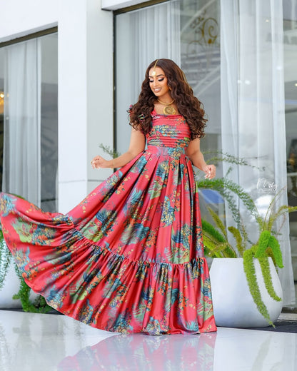 Elegant Pink Habesha Chiffon Dress – Lightweight Flowing Outfit for Cultural and Wedding Celebrations