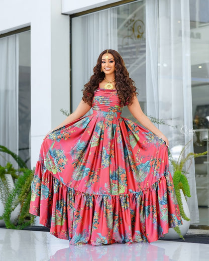 Elegant Pink Habesha Chiffon Dress – Lightweight Flowing Outfit for Cultural and Wedding Celebrations