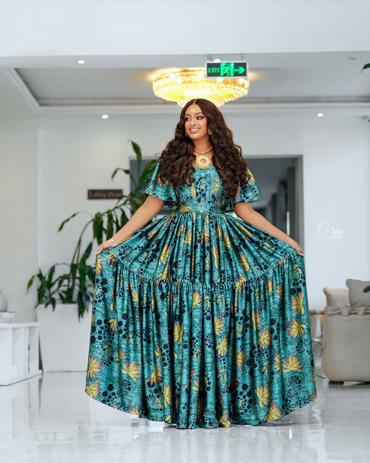 Flowing Blue Habesha Chiffon – Lightweight Ethiopian Dress for Cultural Ceremonies and Celebrations