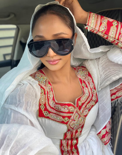 Gold and Red Habesha Kemis – Ethiopian Wedding Dress with Handwoven Cotton