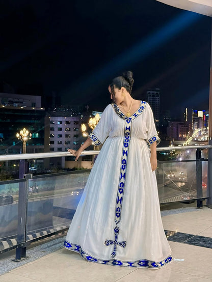 Blue Ethiopian Dress – Modern Habesha Kemis with Traditional Tibeb