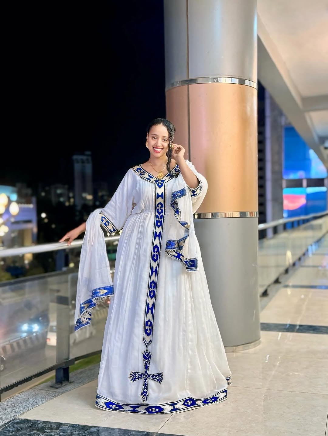 Blue Ethiopian Dress – Modern Habesha Kemis with Traditional Tibeb