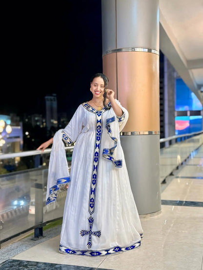 Blue Ethiopian Dress – Modern Habesha Kemis with Traditional Tibeb